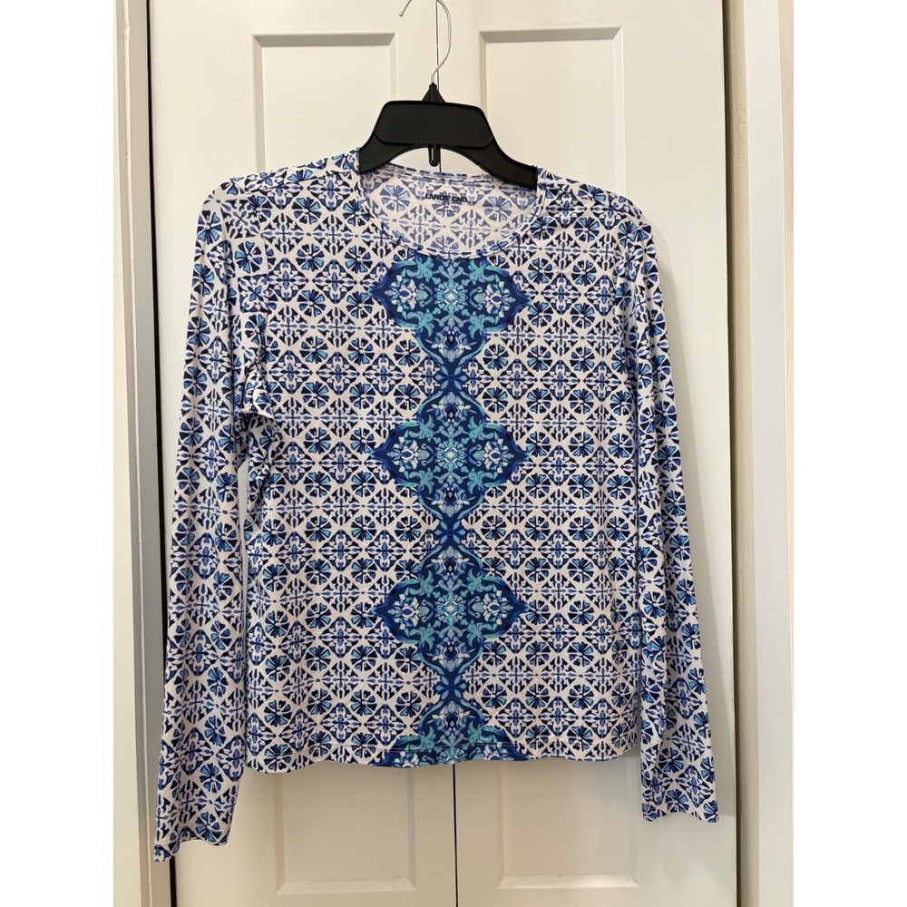 Lands End RASH GUARD Blue White Geometric Tile Print Long Sleeve Top Small 6-8